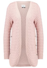 Cárdigan de punto de color rosa claro con un patrón de zigzag texturizado, abertura frontal, mangas largas y botones decorativos a los lados.