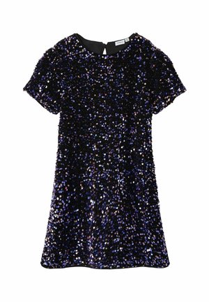 Robe noire à manches courtes recouverte de sequins bleus et argentés, avec un col rond et une fermeture par boutons dans le dos.