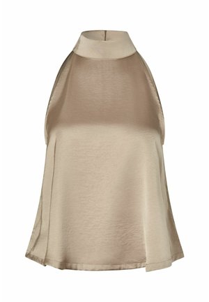 Bézs szatén anyagú, váll nélküli felső, gallérral és enyhe bővüléssel az alján.