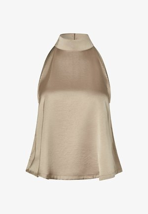 Bézs szatén anyagú, váll nélküli felső, gallérral és enyhe bővüléssel az alján.