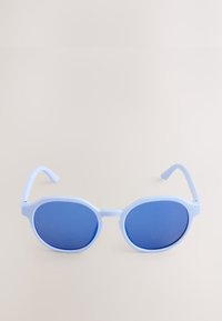 Lunettes de soleil bleu clair avec des verres ronds. La monture est mate avec une texture lisse et des branches épaisses, dotée de verres miroirs bleus.