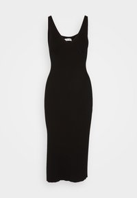 Svart ribbad stickad klänning med en figurnära silhuett, djup V-ringning och breda axelband, som når ner till en längd vid halvkalv med en slät finish.