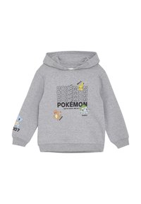 Felpa grigia realizzata in tessuto morbido, caratterizzata da una grafica frontale con personaggi dei Pokémon e testo, maniche a coste e cappuccio con cordino.