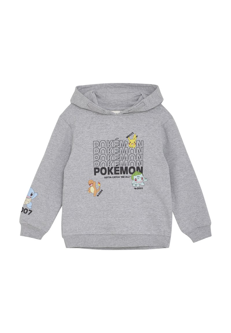 Felpa grigia realizzata in tessuto morbido, caratterizzata da una grafica frontale con personaggi dei Pokémon e testo, maniche a coste e cappuccio con cordino.