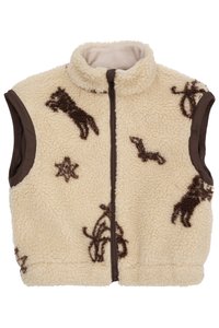 Vesta din fleece în crem, cu modele de animale și stele în nuanțe de brun, având un guler înalt și accente din țesătură de culoare ciocolatie la brațe și la fermoar.
