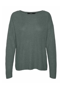 Dunkelgrüner, gerippter Strickpullover mit lockerer Passform, Rundhalsausschnitt und langen Ärmeln. Keine sichtbaren Muster oder Hardware-Details.