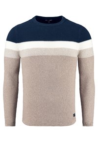 Maglione lavorato a maglia con scollatura rotonda, parte superiore blu navy, con righe orizzontali bianche e beige; tessuto strutturato, maniche lunghe e stile a pullover.