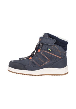 Kinder navyblaue Winterstiefel mit orangen Nähten, Fleece-Futter, Klettverschluss, elastischen Schnürsenkeln und weißer Sohle mit braunem Profil.