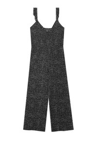 Černý overal s bílým tečkovaným vzorem, nastavitelnými ramínky a širokými nohavicemi. Hladká tkanina s volným střihem.