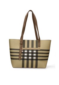 Beige boodschaptas met bruine leren handvatten, voorzien van een geruit patroon in donkergroen en wit. Inclusief een voorzak met rits.