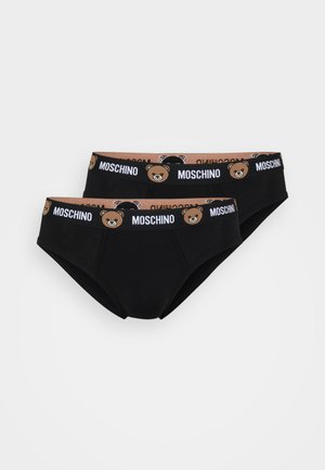 Schwarze Baumwollslips mit Bärenmotiv am Bund, auf dem das "Moschino"-Logo zu sehen ist. Zwei Paare dargestellt, klassischer Schnitt, weicher Stoff.