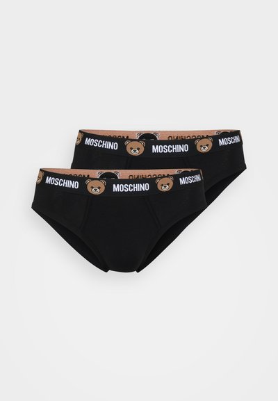 Fekete pamut alsónadrág, medve mintával a derékkpánton, "Moschino" logóval. Két pár látható, klasszikus szabású, puha anyagú.