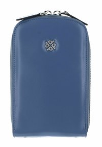 Portefeuille bleu en cuir avec fermeture éclair, texture lisse, sommet arrondi et logo argenté sur le devant. Design compact et élégant.