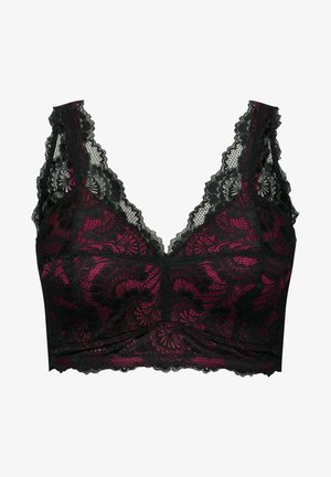 Zwarte kanten bralette met een bloemenpatroon en golvende randen. Voorzien van een pruimenkleurige voering en brede kanten bandjes voor extra ondersteuning.