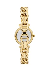 Goldfarbener Fossil-Uhr mit einem runden Gehäuse, einem miteinander verbundenen Gliederarmband und polierten Akzenten. Klarer Ziffernblatt ohne Zahlen.