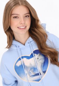 Sudadera con capucha azul claro con un gran gráfico en forma de corazón que presenta un zorro blanco sobre un fondo azul. Tela suave, ajuste relajado, capucha ajustable.