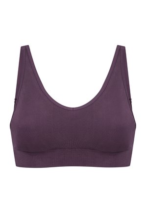 Purple bra with a seamless design, made of soft, stretchy material. Features wide straps and a smooth texture without fasteners.