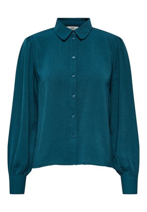 Blouse bleu sarcelle à manches longues avec boutons sur le devant, col arrondi, manches bouffantes et poignets ajustés.