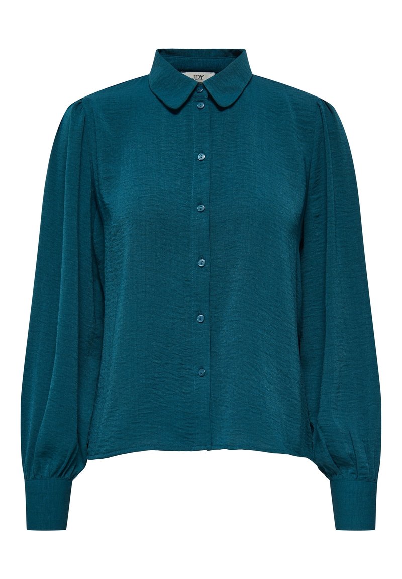 Blouse bleu sarcelle à manches longues avec boutons sur le devant, col arrondi, manches bouffantes et poignets ajustés.