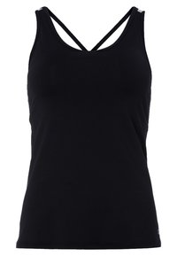 Débardeur athlétique noir sans manches avec des fines bretelles croisées et un décolleté arrondi, présenté sur fond blanc.