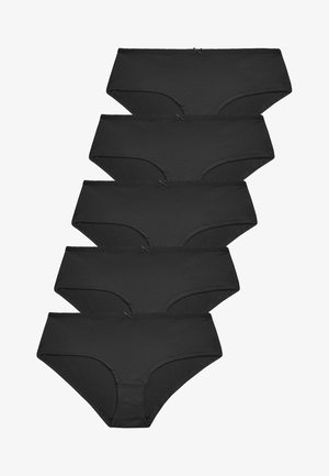 Pięć par czarnych bawełnianych majtek o gładkiej fakturze, z umiarkowanym stanem i cienkim elastycznym paskiem w talii. Każda z nich ma mały detal w postaci kokardki.
