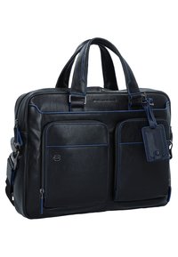 Valigetta nera in pelle con accenti blu, forma rettangolare, due tasche frontali con cerniera, doppio manico superiore e tracolla staccabile.