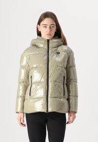 Casaco acolchoado em material brilhante verde claro com capuz, fecho frontal e dois bolsos laterais. Apresenta um acolchoamento horizontal e um detalhe de logotipo.