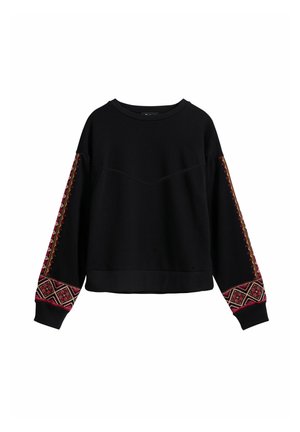 Black sweatshirt with long sleeves, featuring colorful embroidered patterns on the sleeves. Made of soft fabric, with a round neckline.