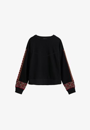 Hanorac negru cu mâneci lungi, cu modele colorate brodate pe mâneci. Fabricat din material moale, cu decolteu rotund.