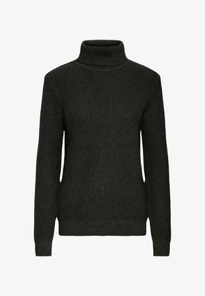 Donker groene coltrui met een geribbeld textuur, lange mouwen en een relaxte pasvorm. Het materiaal lijkt zacht en dik gebreid.