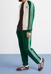 Osoba ve zeleno-bílém Adidas tracksu se shodnými kalhotami a hnědými Adidas teniskami stojí na jednobarevném pozadí.