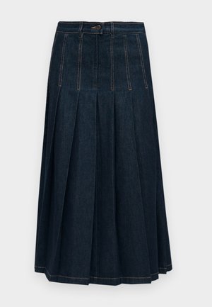 Dark blue pleated denim skirt with front button and visible orange stitching, knee-length or slightly longer.
