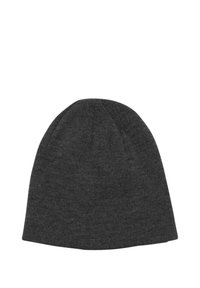 Gray knit beanie made from soft, stretchy material. Features a simple design with a slightly tapered top and a ribbed texture.