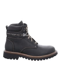Botín de cuero negro con cordones grises y acentos metálicos. Presenta una suela robusta y costuras marrones a lo largo del borde. Logo de la marca visible.