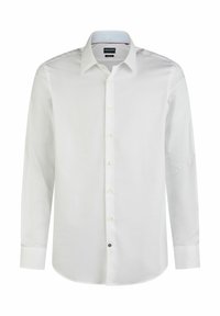 Witte lange mouwen shirt met een klassieke kraag, knoopsluiting aan de voorkant en een kleine donkere knoopaccent aan de onderkant. Soepele katoenstof.