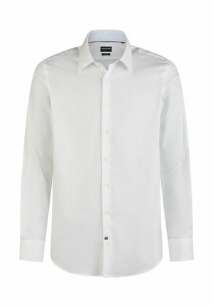 Witte lange mouwen shirt met een klassieke kraag, knoopsluiting aan de voorkant en een kleine donkere knoopaccent aan de onderkant. Soepele katoenstof.