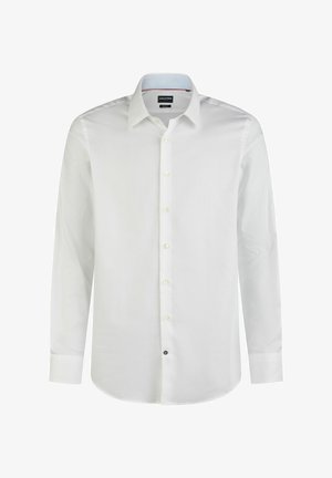 Chemise blanche à manches longues avec un col classique, fermeture à boutons sur le devant et un petit accent en bouton foncé en bas. Tissu en coton lisse.