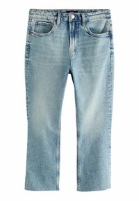 Jean en denim bleu clair avec une coupe droite, cinq poches, fermeture à bouton et finition légèrement décolorée, présentant un ourlet brut au niveau des chevilles.