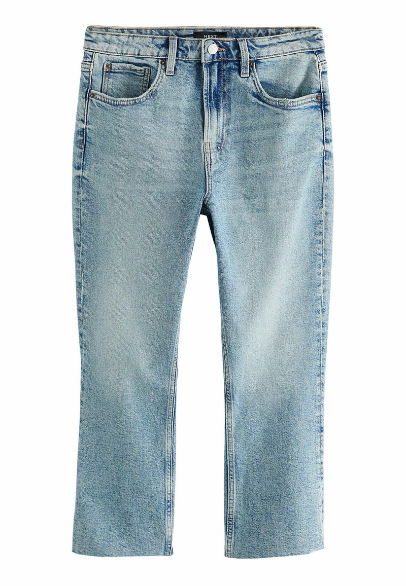 Jean en denim bleu clair avec une coupe droite, cinq poches, fermeture à bouton et finition légèrement décolorée, présentant un ourlet brut au niveau des chevilles.