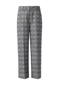 Grau-karierte Hose mit lockerem Schnitt, gerader Beinform und strukturiertem Stoff mit subtilen Karomustern. Keine sichtbaren Verschlüsse.