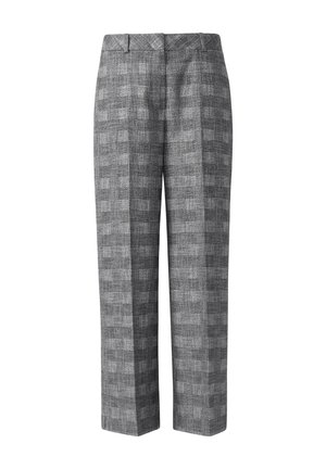Pantalons à carreaux gris avec une coupe loose, une jambe droite et un tissu texturé arborant des motifs de checks subtils. Pas de fermetures visibles.