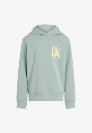 Sudadera verde claro con un bolsillo delantero, que presenta un logo "CK" amarillo. Fabricada en tejido suave, tiene un corte holgado y puños de canalé.