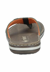 Dark green flip-flop with orange accent strap, brown textured insole, white midsole stripe, and visible stitching detail.