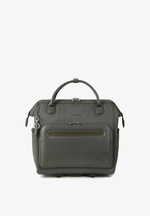 Borsa ventiquattrore grigio scuro con manici superiori, tasca frontale con cerniera, tasche laterali e tiretti della cerniera in argento su sfondo bianco semplice.