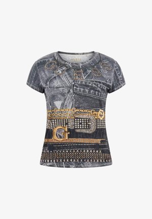 T-shirt à manches courtes avec un imprimé en denim, orné de clous dorés et de logos. Doté d'un col rond et d'un tissu texturé.