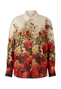 Knopfhemd mit Blumenmuster, das rote, weiße und cremefarbene Rosen auf einem hellbeigen Hintergrund zeigt; aus glattem Stoff mit lockerer Passform gefertigt.