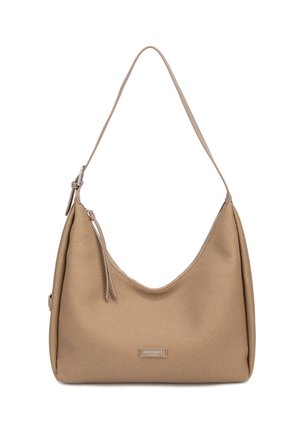 Borsa a tracolla beige con trama, con una singola tracolla regolabile, chiusura con zip e una piccola toppa rettangolare con il logo DIANASCO Florence sul davanti.