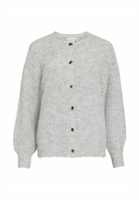 Ljusgrå cardigan i fluffigt stickat material, med rund halsringning, långa ärmar, sex bruna knappar och en kortad hem.