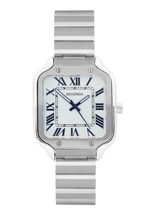 Quadratische silberne Armbanduhr mit weißem Zifferblatt, schwarzen römischen Ziffern und Metallgliederarmband, das die Zeit 10:10:35 anzeigt.