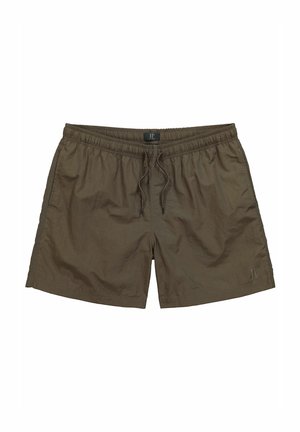 Braune Badeshorts aus leichtem Stoff, mit einem elastischen Taillenbund und Kordelzug, sowie minimaler Markenkennzeichnung an der unteren Seite.